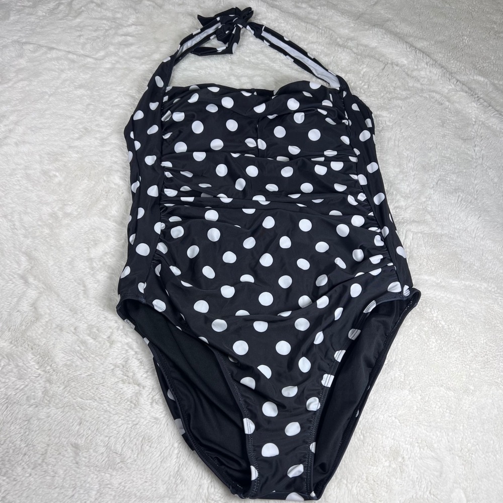 Smintivo Black White Polka Dot Halter One Piece Swimsuit Women's Size XL Ruched